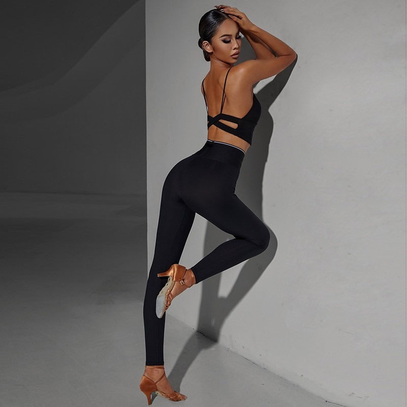 Black dance leggings, leg lift side view