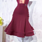 Burgundy ruched Latin salsa dance skirt with a flounce hem, product view