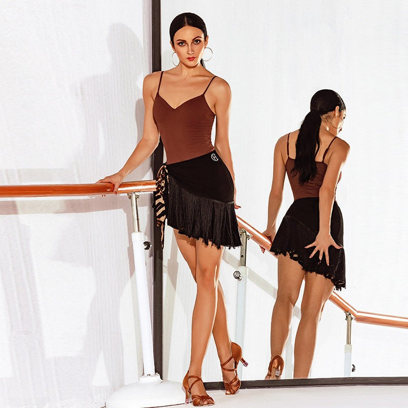 Black side of the reversible Latin dance skirt worn at the barre