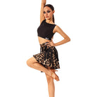 Leopard flared Latin dance skirt with black fringe, full view