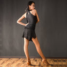 Black ruched fringe Latin dance skirt, back view