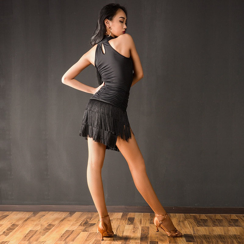 Black ruched fringe Latin dance skirt, back view