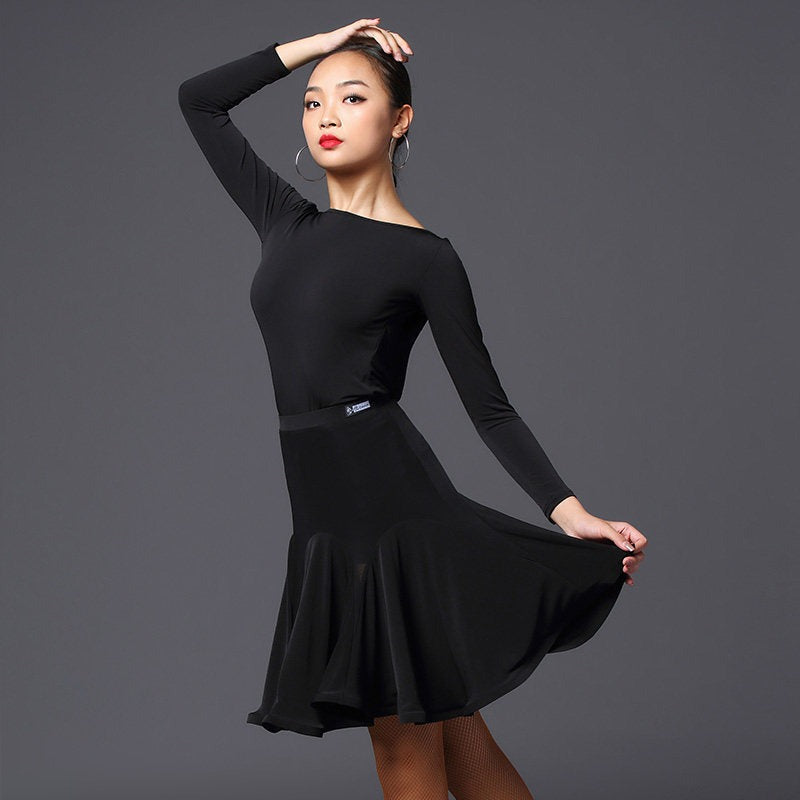 Black godet flare dance skirt, full view