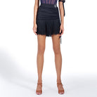 Black ruched fringe Latin dance skirt, front view