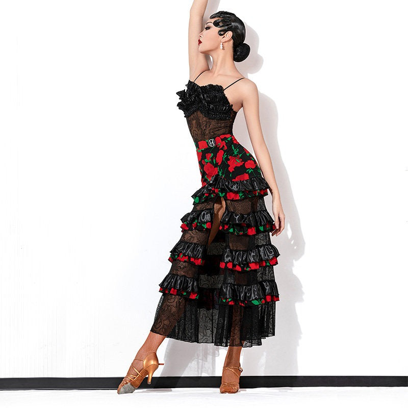 Black rose long Latin dance skirt, full view