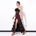Black rose tiered skirt with high slit, side view