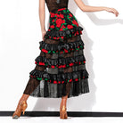Black rose tiered long dance skirt, back view