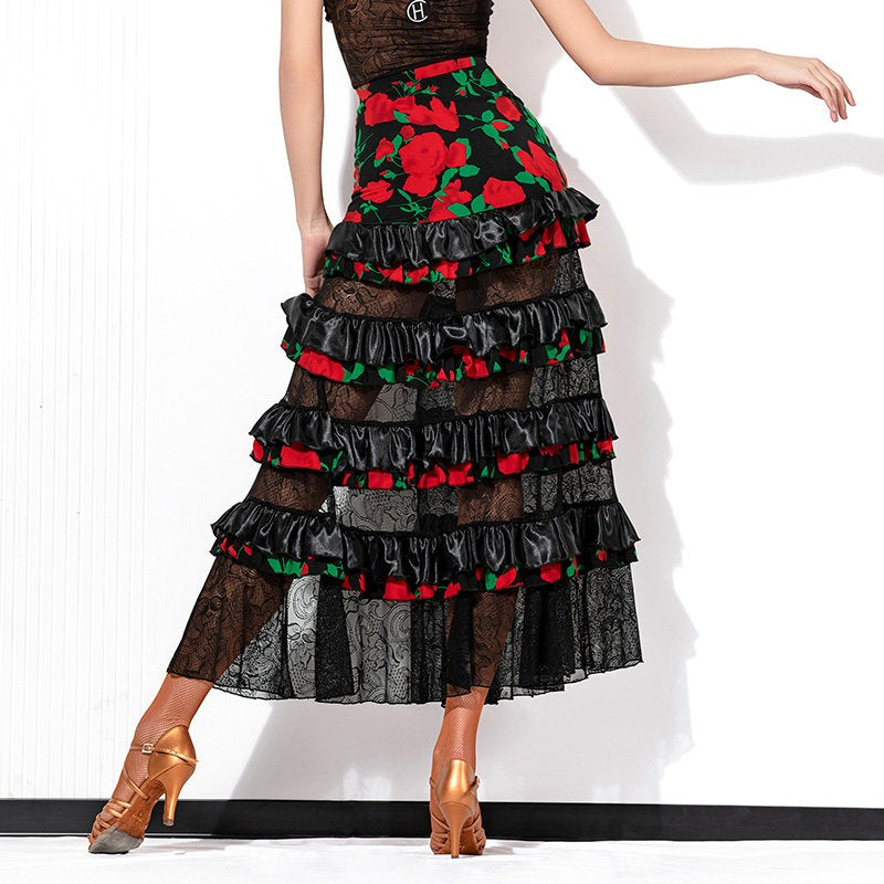 Black rose tiered long dance skirt, back view