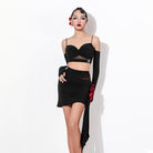 Black mini Latin dance skirt with red flower, front view