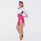 Hot pink rhinestone fringe Latin dance skirt, full view