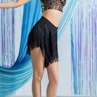 Black V waist tiered fringe Latin dance skirt for salsa practice, side view