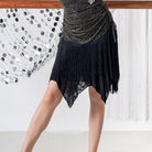 Green drawstring fringe Latin dance skirt for salsa practice, front view