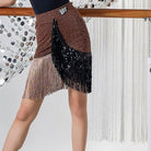 Coffee polka dot fringe Latin dance skirt for salsa practice, front view