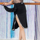 Black sequin trim slit Latin dance skirt for salsa practice, front view