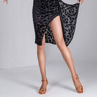 Black burnout velvet wrap Latin dance skirt for salsa practice, front view
