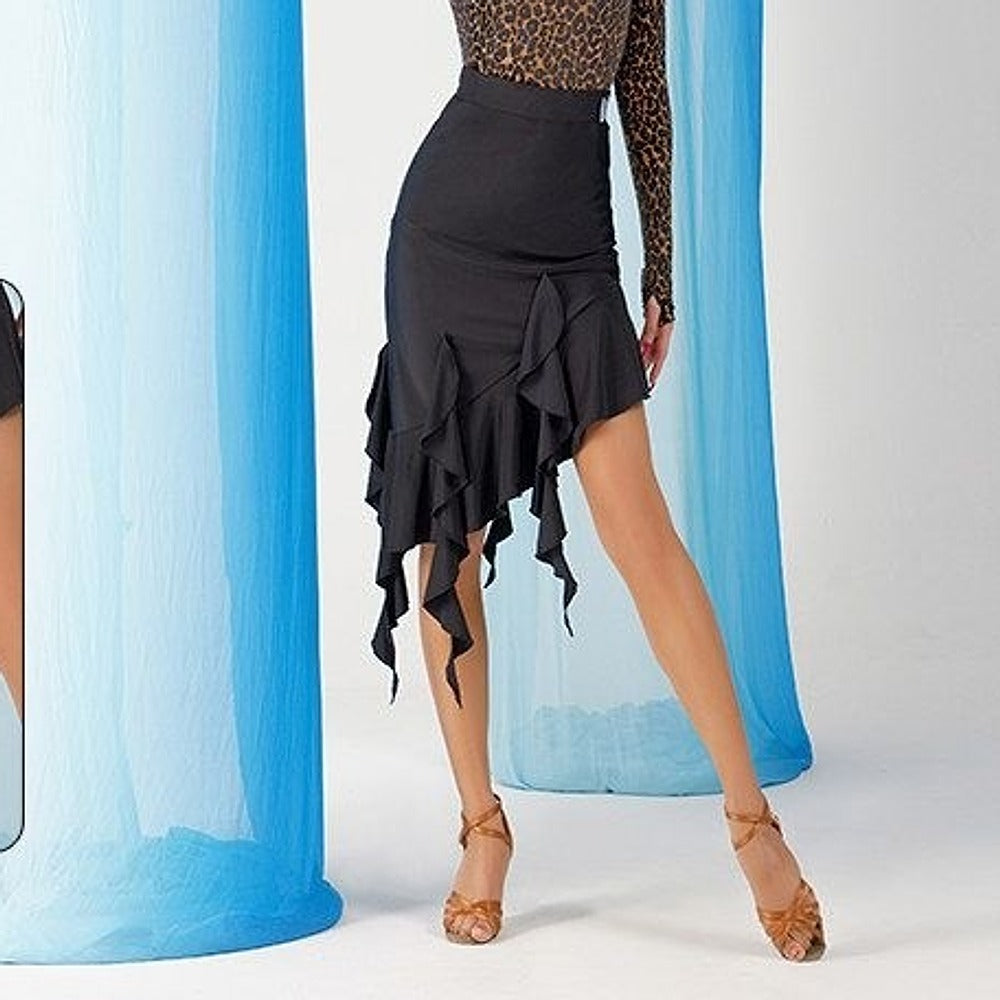 Black streamer ruffle Latin dance skirt for salsa practice, front view