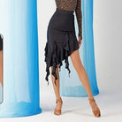 Black streamer ruffle Latin dance skirt for salsa practice, front view