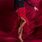 Red ruched high low ruffle Latin dance skirt for salsa practice, side view