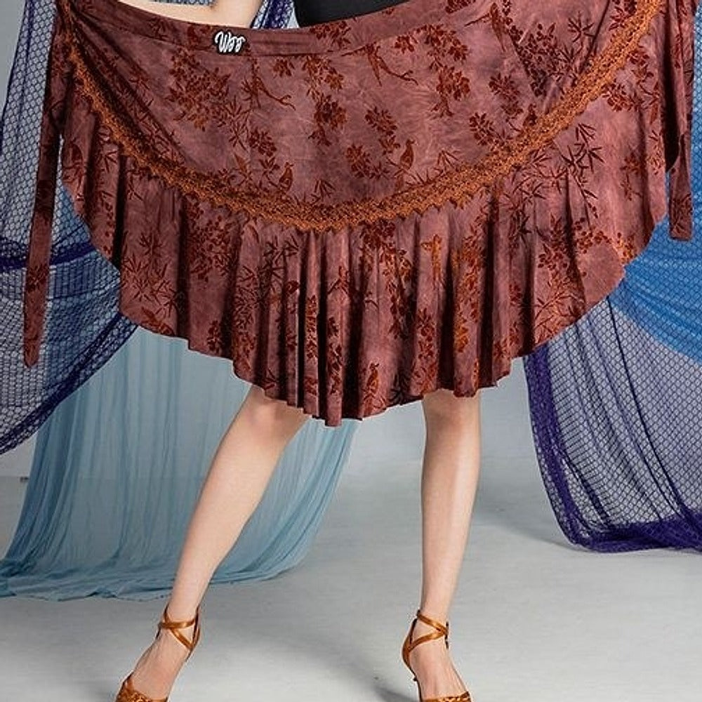 Brown burnout floral wrap Latin dance hip scarf for salsa practice, flat lay