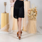 Black fringe mesh ruffle Latin dance skirt for salsa practice, front view