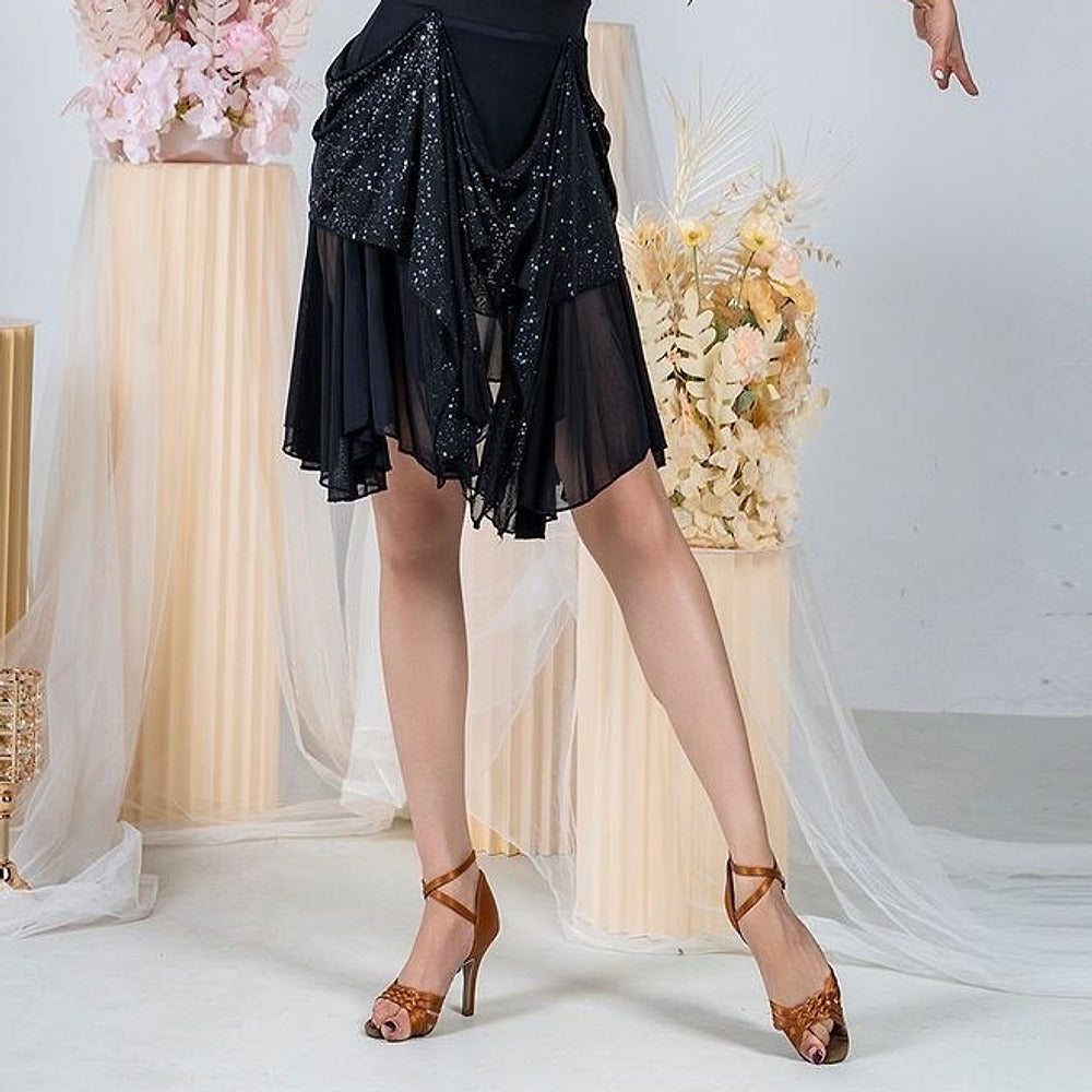 Black sequin mesh patchwork Latin dance skirt for salsa practice, front view