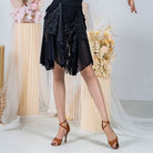 Black sequin mesh patchwork Latin dance skirt for salsa practice, front view
