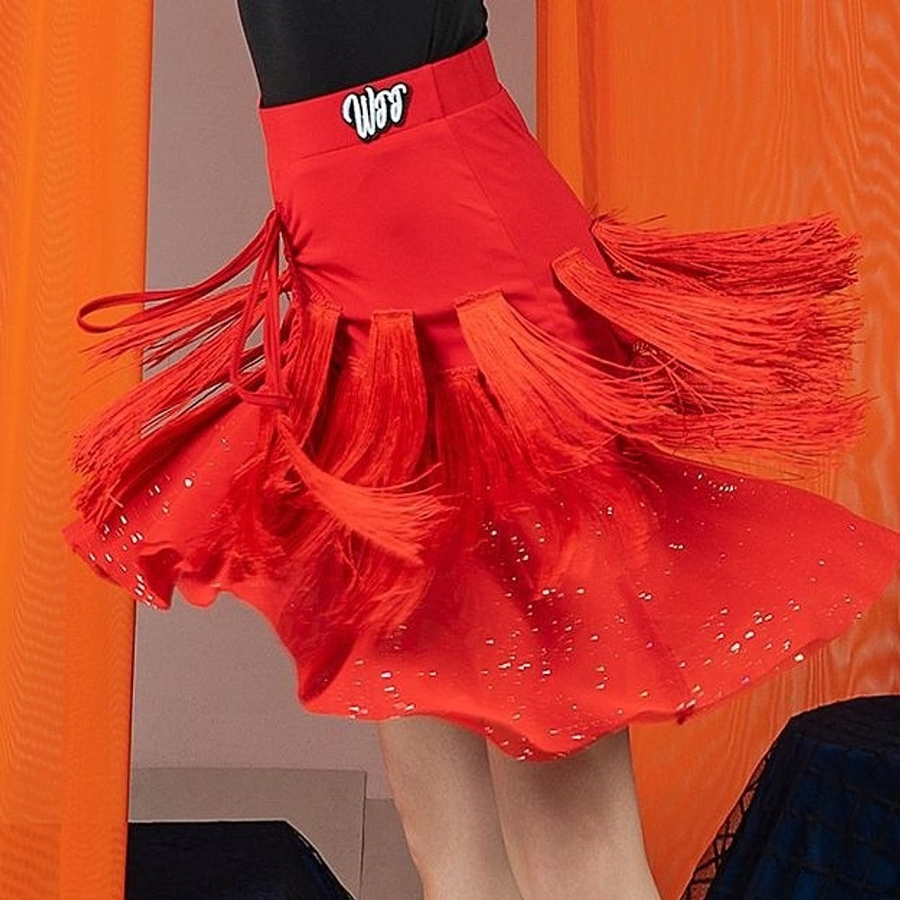 Red sequin stripe fringe Latin dance skirt for salsa practice, front view