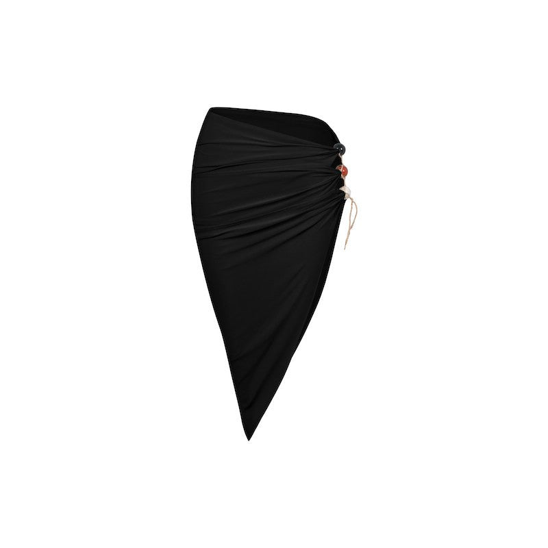 Black high slit ruched Latin dance skirt, flat lay