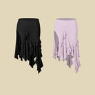 Black, Lilac asymmetric ruffle Latin dance skirt, flat lay of both colours