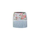 Blue Floral fringe Latin dance mini skirt, flat lay