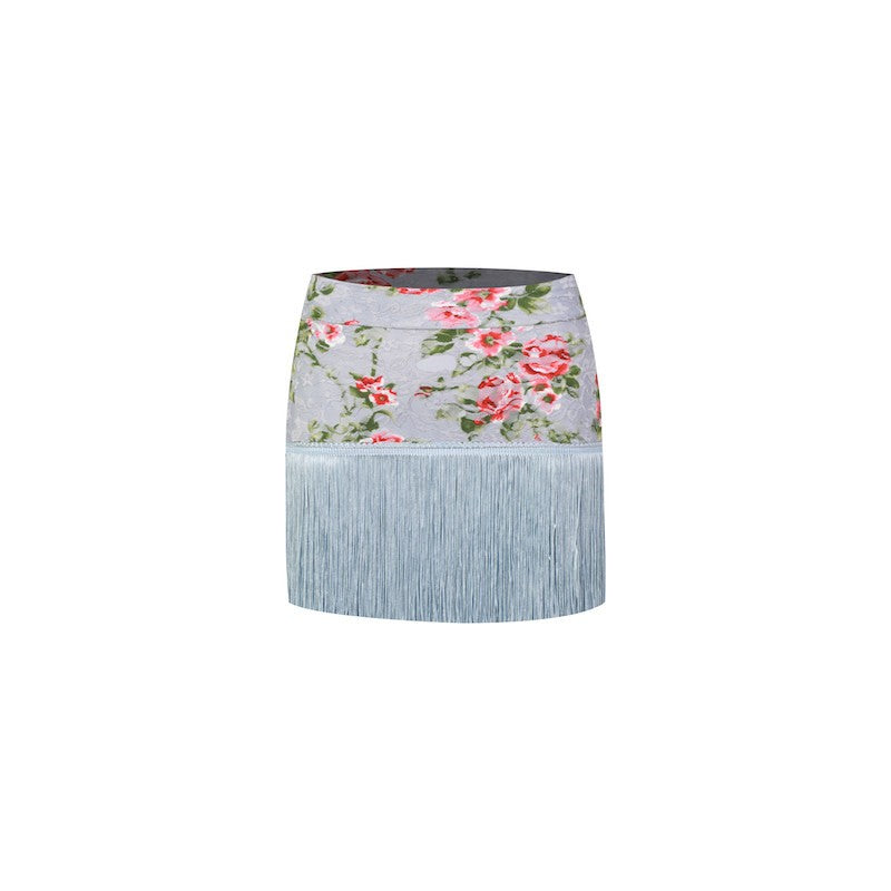 Blue Floral fringe Latin dance mini skirt, flat lay