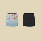 Blue Floral, Black fringe Latin dance mini skirt, flat lay of both colours