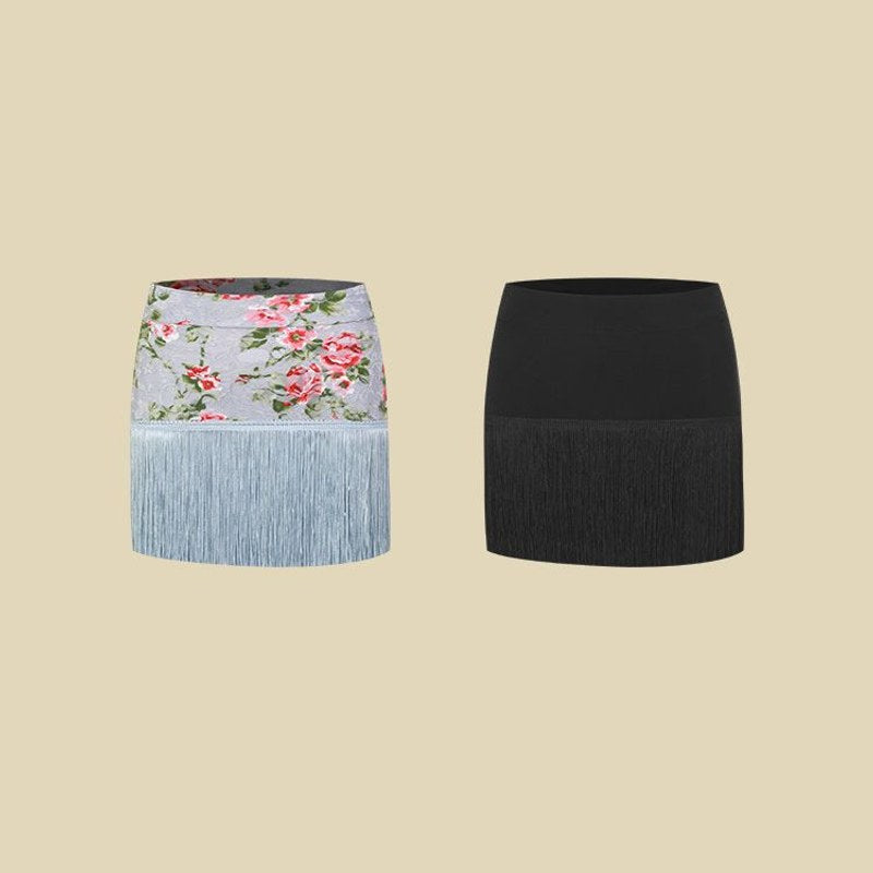 Blue Floral, Black fringe Latin dance mini skirt, flat lay of both colours