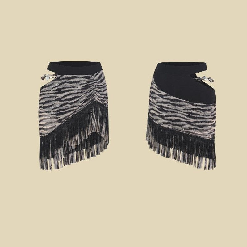 Zebra print fringe Latin dance skirt, flat lay front and back