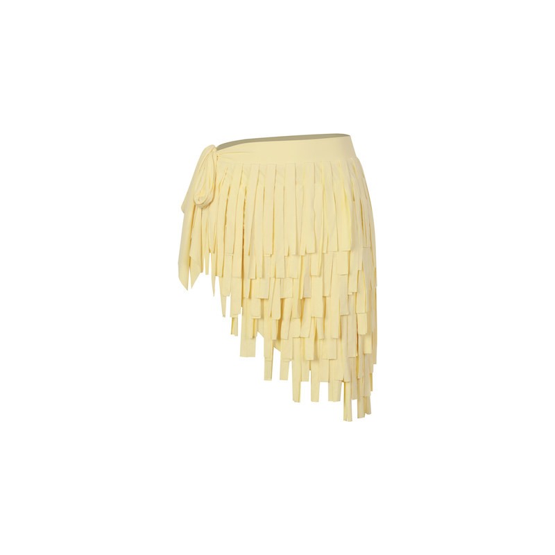 Yellow ribbon fringe dance wrap skirt, flat lay