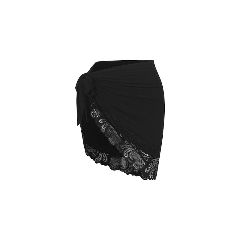 Black lace trim wrap Latin dance skirt, flat lay