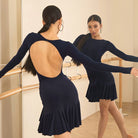 Navy Blue ruched ruffle skirt, back view in the mirror