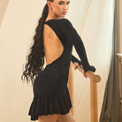 Black ruched ruffle skirt, back view