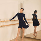 Navy Blue ruched ruffle skirt, front view at the barre