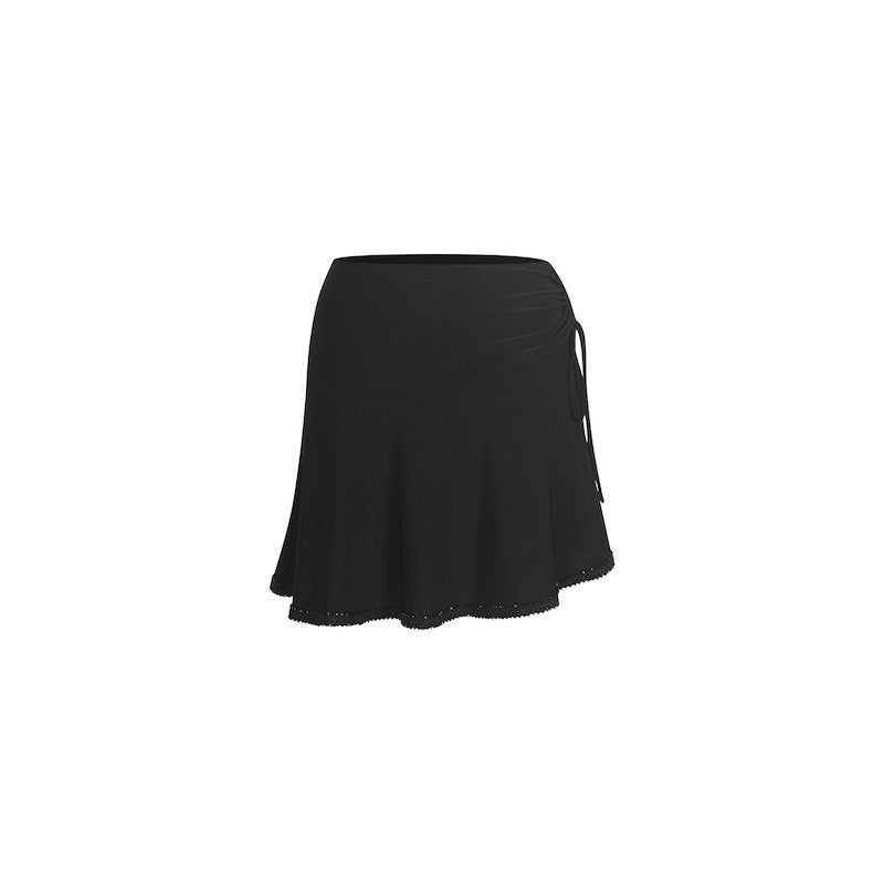 Black beaded hem Latin dance skirt, flat lay