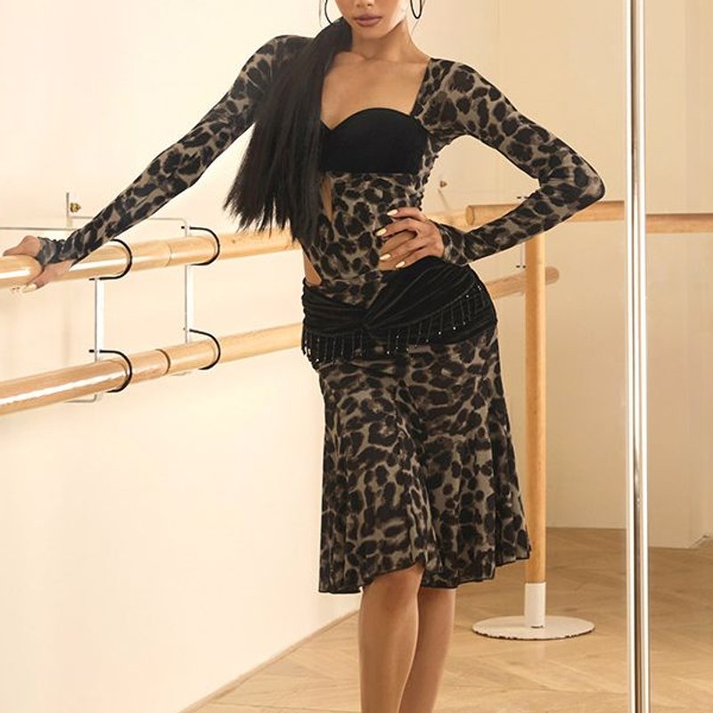 Leopard velvet waist Latin dance skirt for salsa practice, front view at the barre