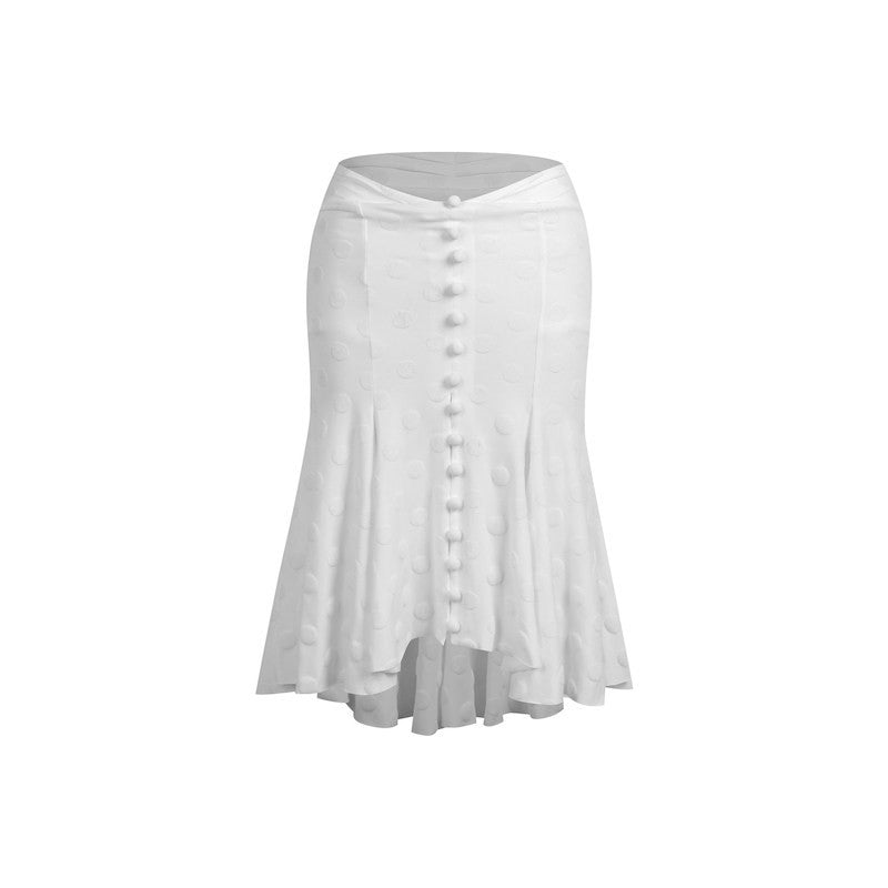 White polka dot Latin dance skirt, flat lay