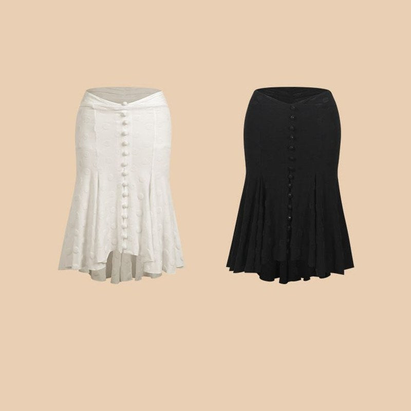 White, Black polka dot Latin dance skirt, flat lay of both colours