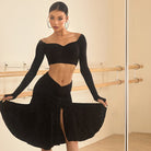 Black polka dot skirt, front view with skirt flared