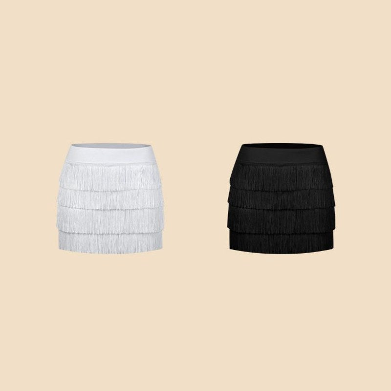 White, Black tiered fringe Latin dance mini skirt, flat lay of both colours