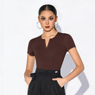 Brown notch V neck dance top, front view