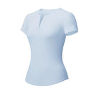Light blue notch V neck dance top, product view