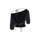Black off shoulder Latin dance top, flat lay