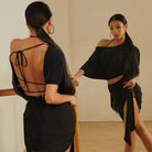 Black off shoulder top, back and front view at the barre