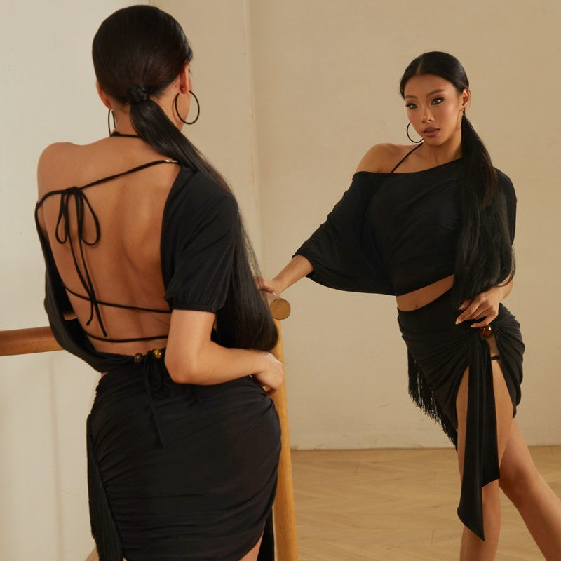 Black off shoulder top, back and front view at the barre